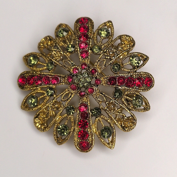 Vintage Gold Tone Large Round Flower Brooch Pink Green Rhinestones 2" - Picture 1 of 4